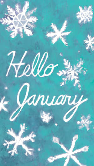 青綠色水彩背景，帶有白色雪花和手寫體 Hello January 文字。