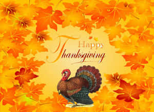 一隻火雞被秋葉環繞，並帶有Happy Thanksgiving文字。