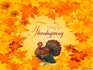 火雞被秋葉環繞，並帶有 Happy Thanksgiving 文字。