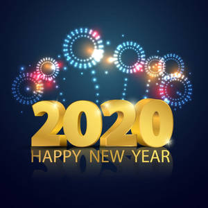 金色2020文字，上方有煙花，在深藍色背景上慶祝新年。