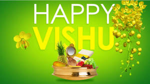 Happy Vishu 節日展示，水果、鮮花和金色盤子在綠色背景上