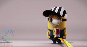 一個黃色卡通Minion喺攝影棚入面揸住一把軟尺。