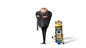 Gru 和一個戴著條紋圍巾的 Minion 站在一起。