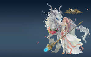 粉紅髮戰士騎白龍，手持發光法杖和玫瑰