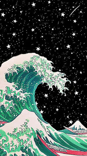 在繁星點點的夜空下，一道巨大的綠色波浪，背景有山和流星。