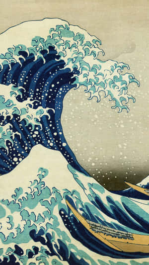 日本木版畫中，巨浪與在其頂端航行的小船。