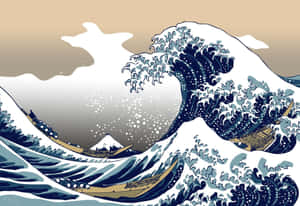 神奈川沖浪裏，帶有富士山和小船，採用傳統日本藝術風格。