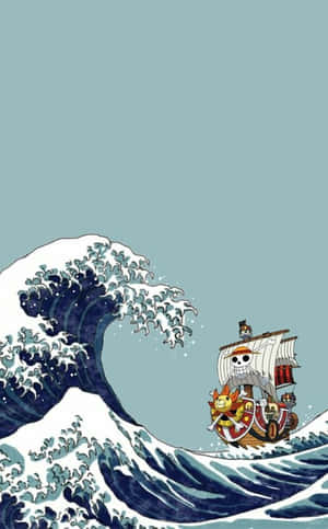 海盜船在動漫風格的巨浪中航行。 — 日式波浪 壁紙