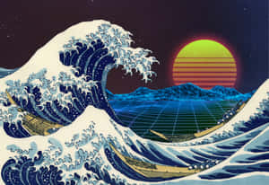 在霓虹日落和數位網格景觀下，帶有船隻的風格化波浪。