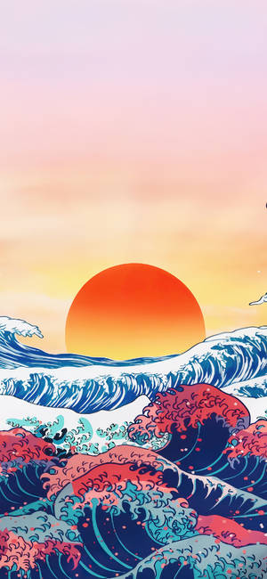 風格化的海洋波浪，帶有鮮豔的日落，採用動畫插圖風格。