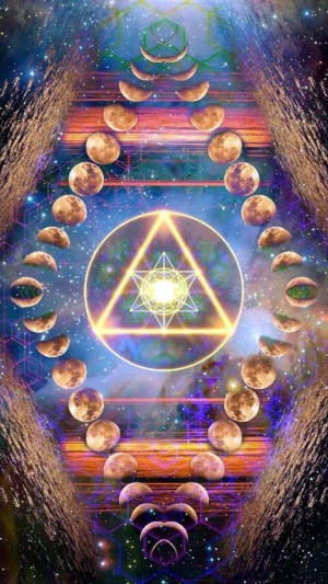 在宇宙隧道中，一個發光的幾何符號被月相包圍。