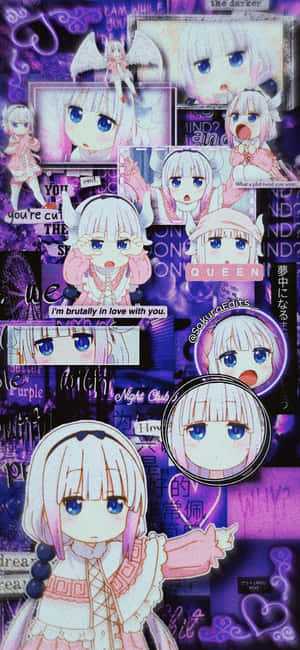 帶有紫色和粉色色調及文字疊加的動漫女孩拼貼畫。