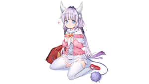 有角和尾巴的動漫女孩拿著糕點，旁邊有紅色袋子。