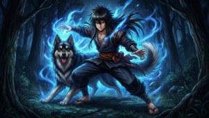 戰士和狼在夜間黑暗的森林中引導藍色魔法。 — 咒術回戰 壁紙
