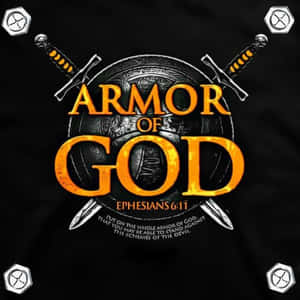 黑色背景上帶有交叉劍和盾牌的 Armor of God 宗教圖形。