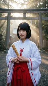 身穿傳統日本和服的年輕女子在日落時分於神社門口手持香。