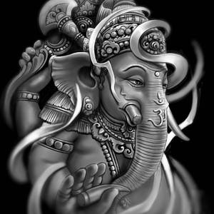 印度教神祇象頭神 Ganesha 的單色插圖，帶有精緻珠寶和飄逸服飾。