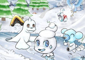 可愛的冰寶可夢在雪地森林中與松樹和山玩耍。