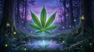 發光的大麻葉在夜間漂浮在森林池塘上，伴有螢火蟲。