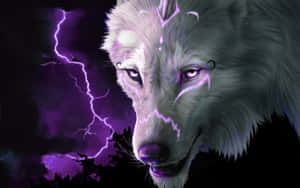 一隻白狼，擁有發光的紫色眼睛和閃電效果，在黑暗的暴風雨場景中。