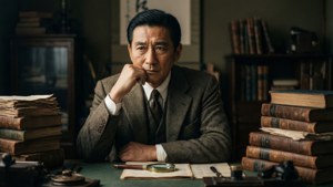 一個穿西裝的男人坐在書桌前，周圍堆滿了舊書和文件。
