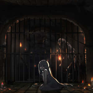 動畫女孩在燭光地牢中跪著，面對鐵欄杆後的怪物身影。 — 暗黑動漫 壁紙