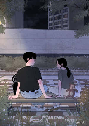 夜間，兩人在有樹木和建築物的城市環境中坐在長椅上。 — 靚靚動畫 壁紙