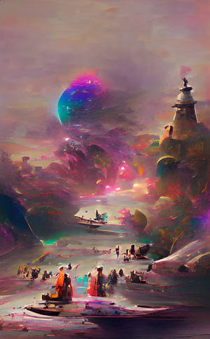 未來主義的外星景觀，在暮色天空下有發光的行星和漂浮的建築。