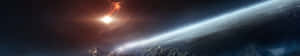 山峰在發光星雲和彎曲行星地平線下，於太空中。