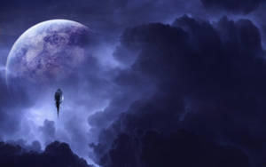 未來太空船在發光行星附近的暴風雲中飛行。