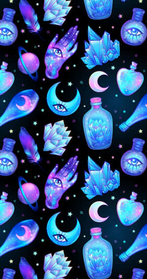 發光的宇宙符號，包括眼睛、月亮、水晶和瓶子，在星空背景上。 — 魔女風格 壁紙