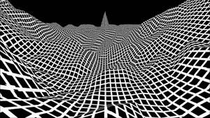 黑白抽象數碼景觀，帶有起伏的網格線，創造出3D錯覺。
