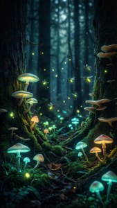在黑暗魔法森林的黃昏中發光的蘑菇和螢火蟲。