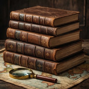 在地圖上的古董皮革書堆和放大鏡