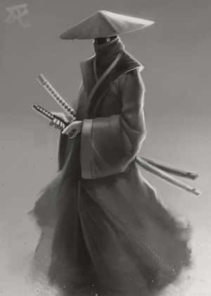 一位蒙面武士，身穿飄逸長袍，在灰色迷霧中手持兩把劍。