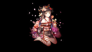 動漫少女身穿和服，櫻花在她周圍飄浮。