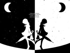 兩個動漫女孩在星空下向相反方向行走，帶有新月。