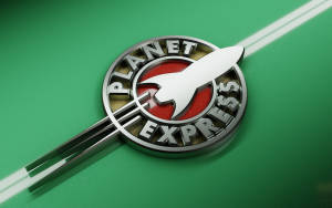 帶有火箭徽章的 Planet Express 標誌，位於帶有白色條紋的綠色背景上