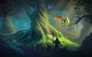 一個剪影冒險家面對一棵巨大的發光樹，樹枝上有一隻小龍。