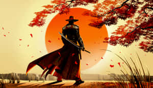 武士在秋楓下，夕陽中落葉紛飛。