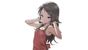 深色頭髮、紅色上衣的動畫女孩微笑著拿著頭髮。 — 靚靚動畫 壁紙