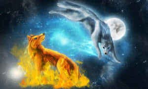 一隻火狐狸和一隻銀狼在充滿星星和滿月的宇宙夜空中。