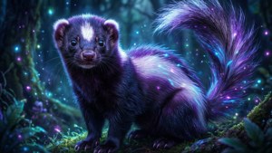 喺森林中漂浮光點下嘅魔法發光臭鼬。