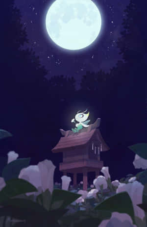 發光眼睛的生物在神社上，滿月下，夜晚被白色花朵環繞。 — 月亮 壁紙