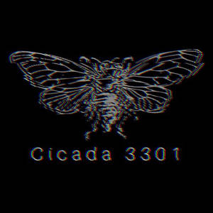 故障效果蟬，黑色背景上帶有文字 Cicada 3301 — 怪異核心 壁紙