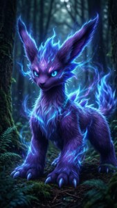一隻在迷霧森林中帶有電光藍色毛髮的魔法發光紫色狐狸。