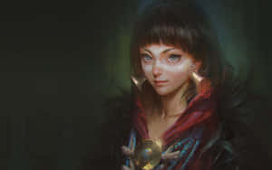 奇幻女性，發光的眼睛，在黑暗環境中手持發光球體