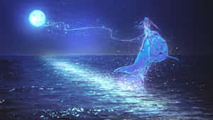 發光美人魚騎海豚在藍月下黑暗海洋上