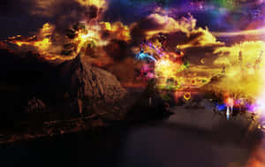 一座山在閃電中爆發，而一個發光的外星城市從星空下的湖泊中升起。 — MacBook Pro M4 壁紙