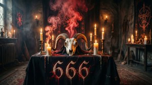 一個惡魔祭壇，上面有公羊頭骨、蠟燭和數字666，位於黑暗的儀式室中。